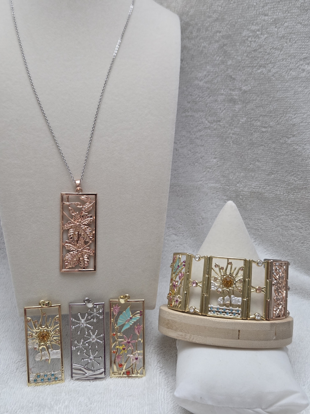 4 Seasonal Rectangular Panels Pendant Necklace & Matching Bracelet Set